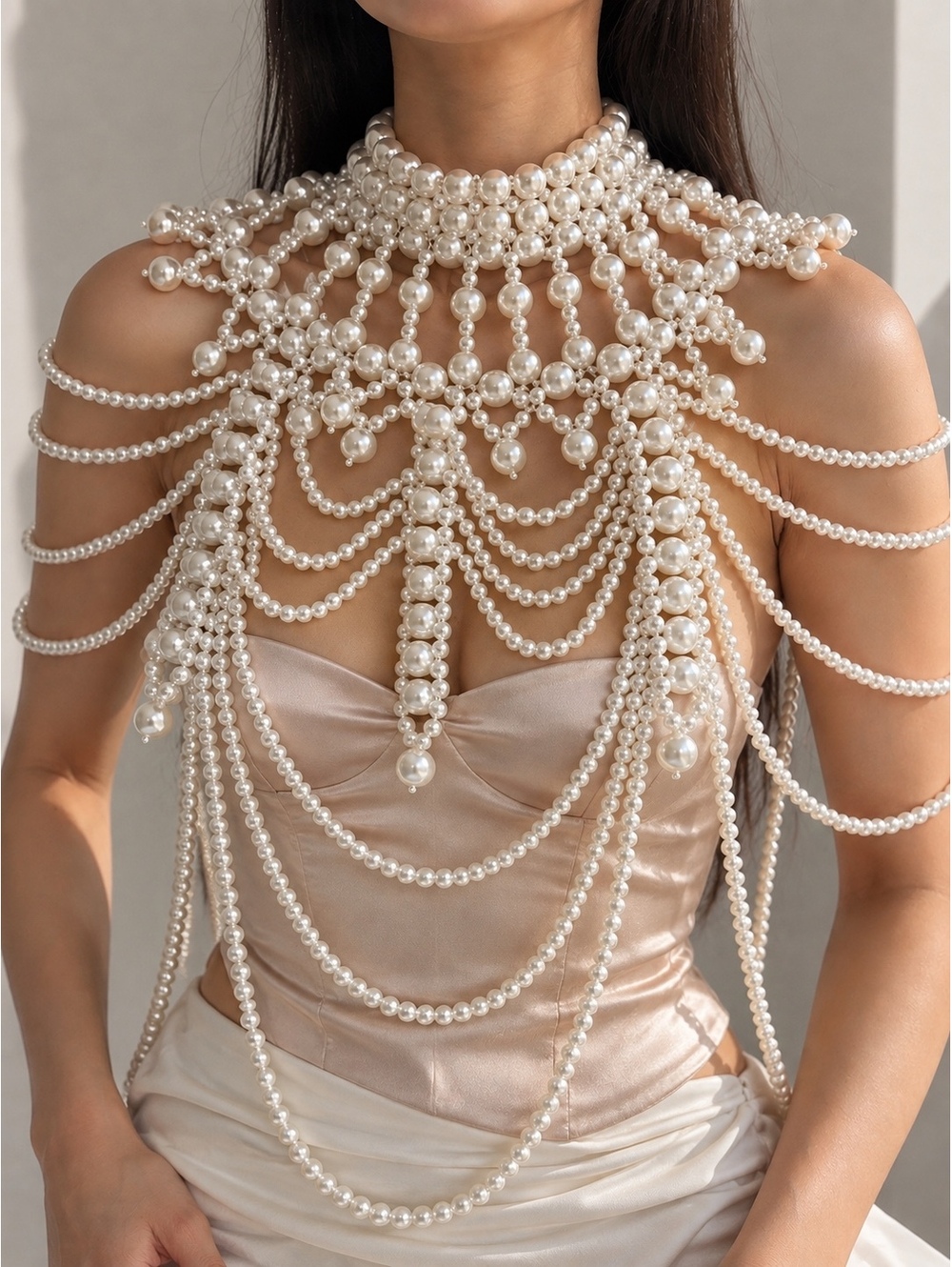 Body Chain Pearl Layered Choker Necklace Shoulder Assesorize